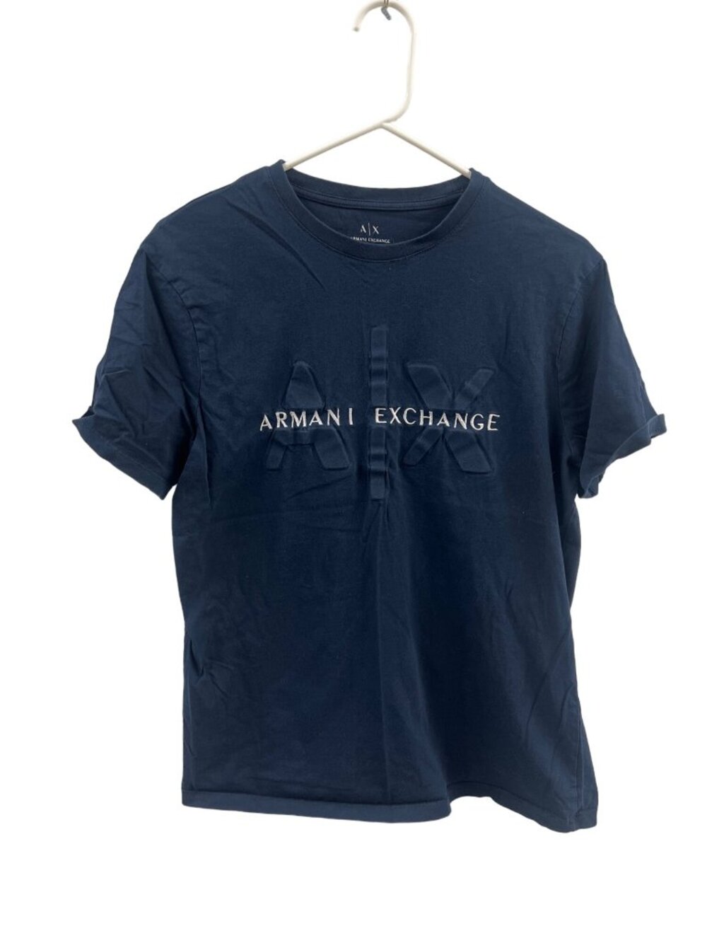 Armani Exchange Navy Blue Logo T-Shirt Embossed Design Regular Fit Cotton Crew N